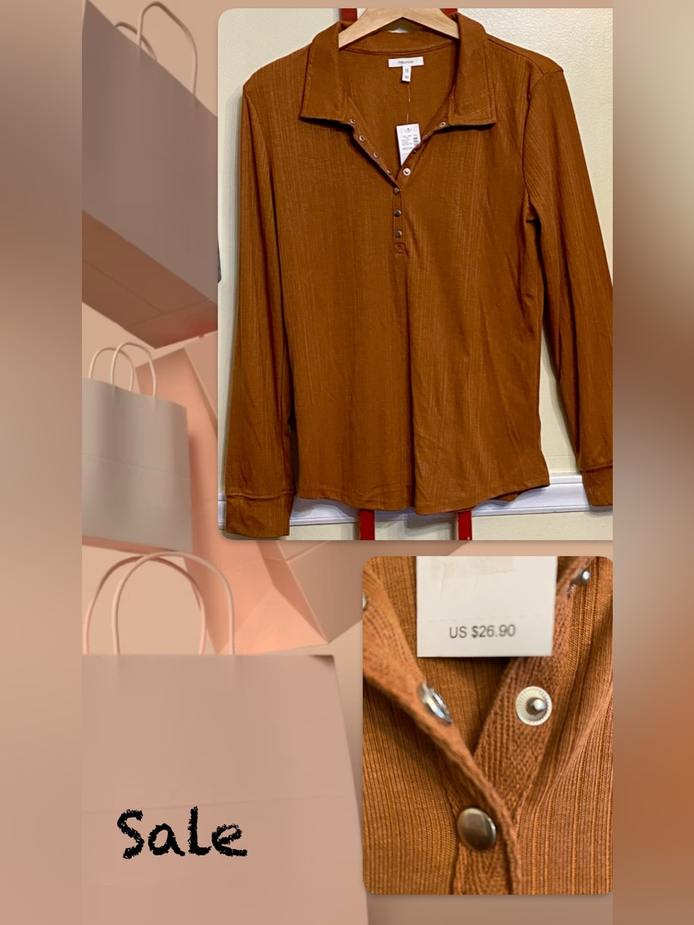 NWT Maurice’s Ribbed Henley Long Sleeve Top - Rust Brown